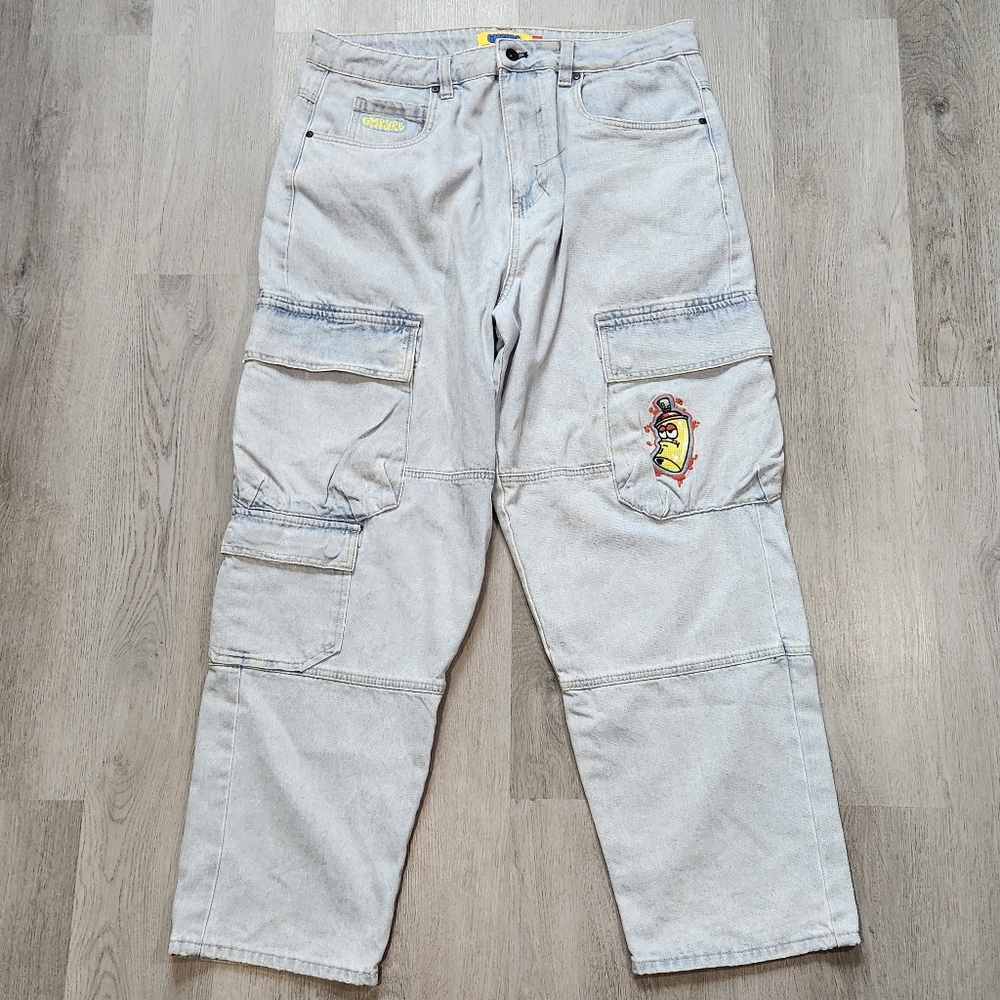 Empyre Jeans Men 34x30 Blue Light Wash Baggy Cargo Pants Graffiti Patch Y2K Vtg